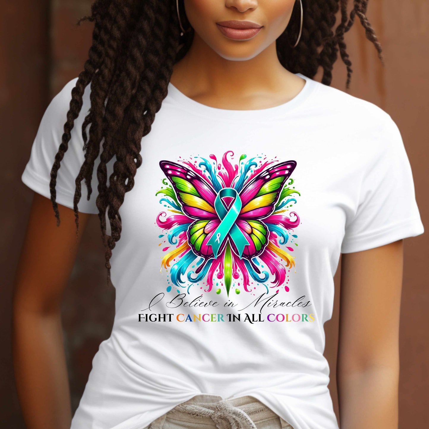 Teal Ovarian Cancer Colorful Butterfly T-Shirt