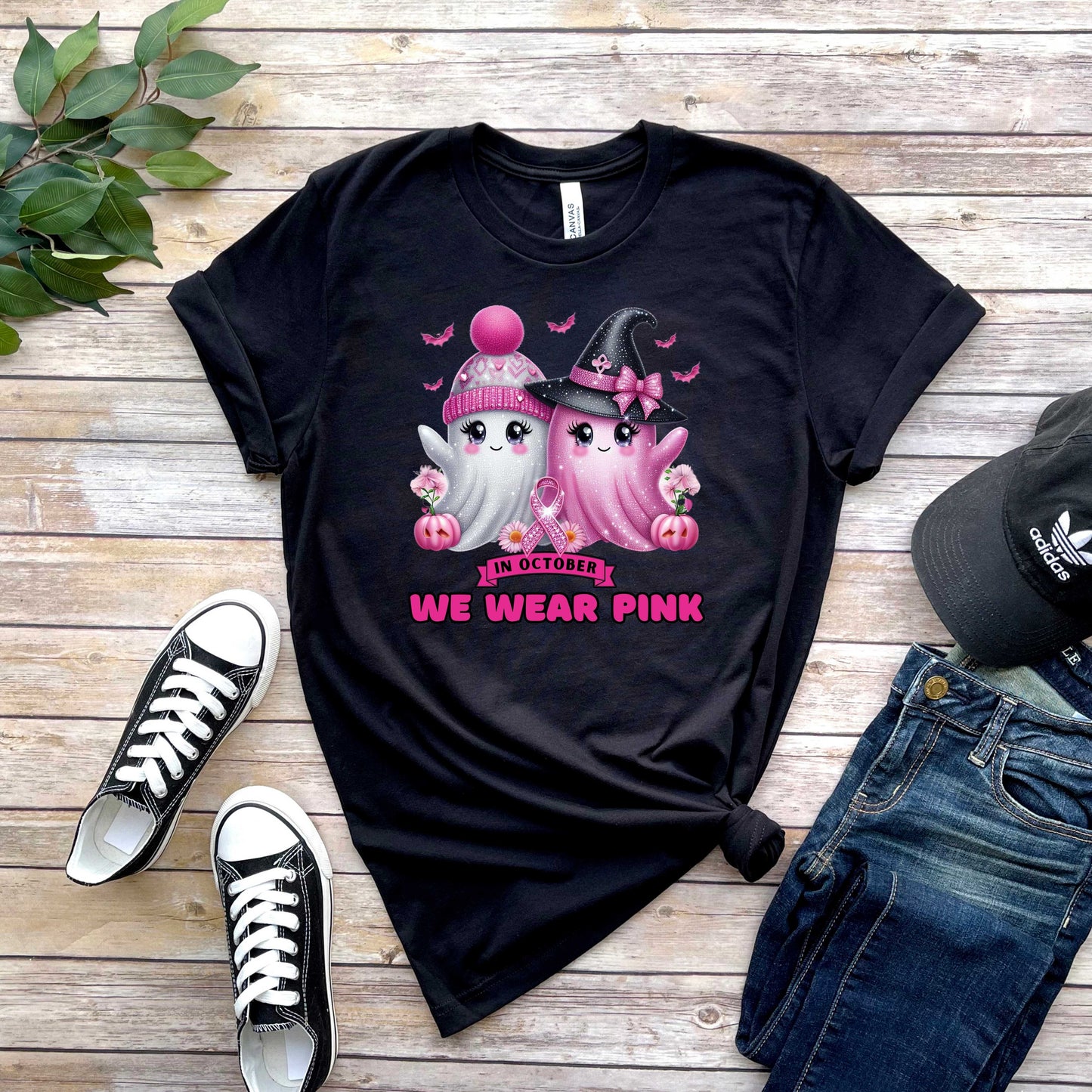 Pink and White Bling Breast Cancer Awareness Ghost T-Shirt