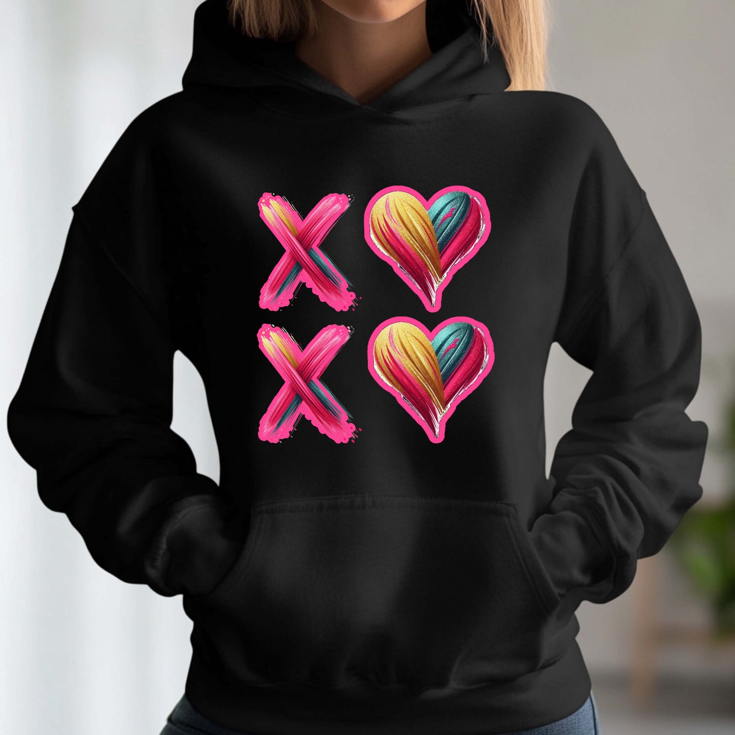Watercolor Brushstroke XOXO Love Hearts Valentine's Day Hoodie