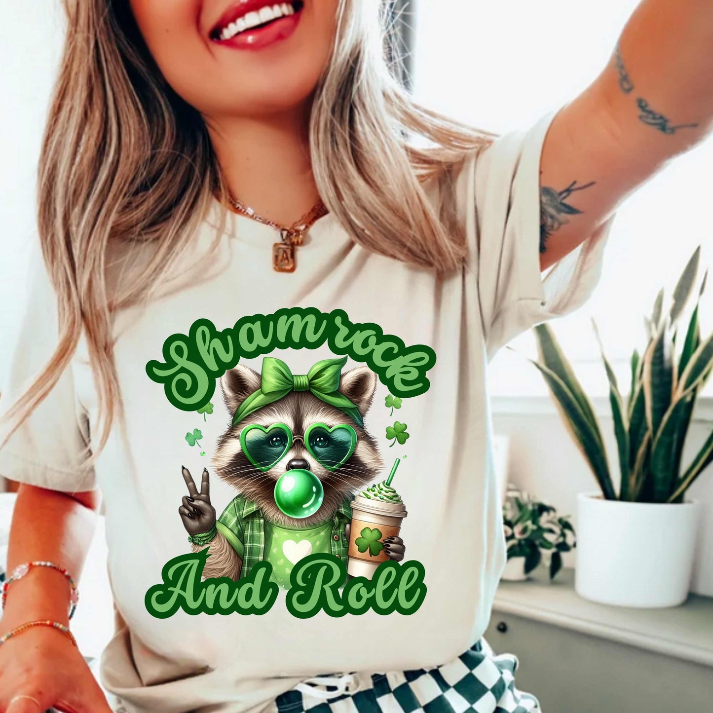 Shamrock and Roll Raccoon St Patrick's Funny T-Shirt