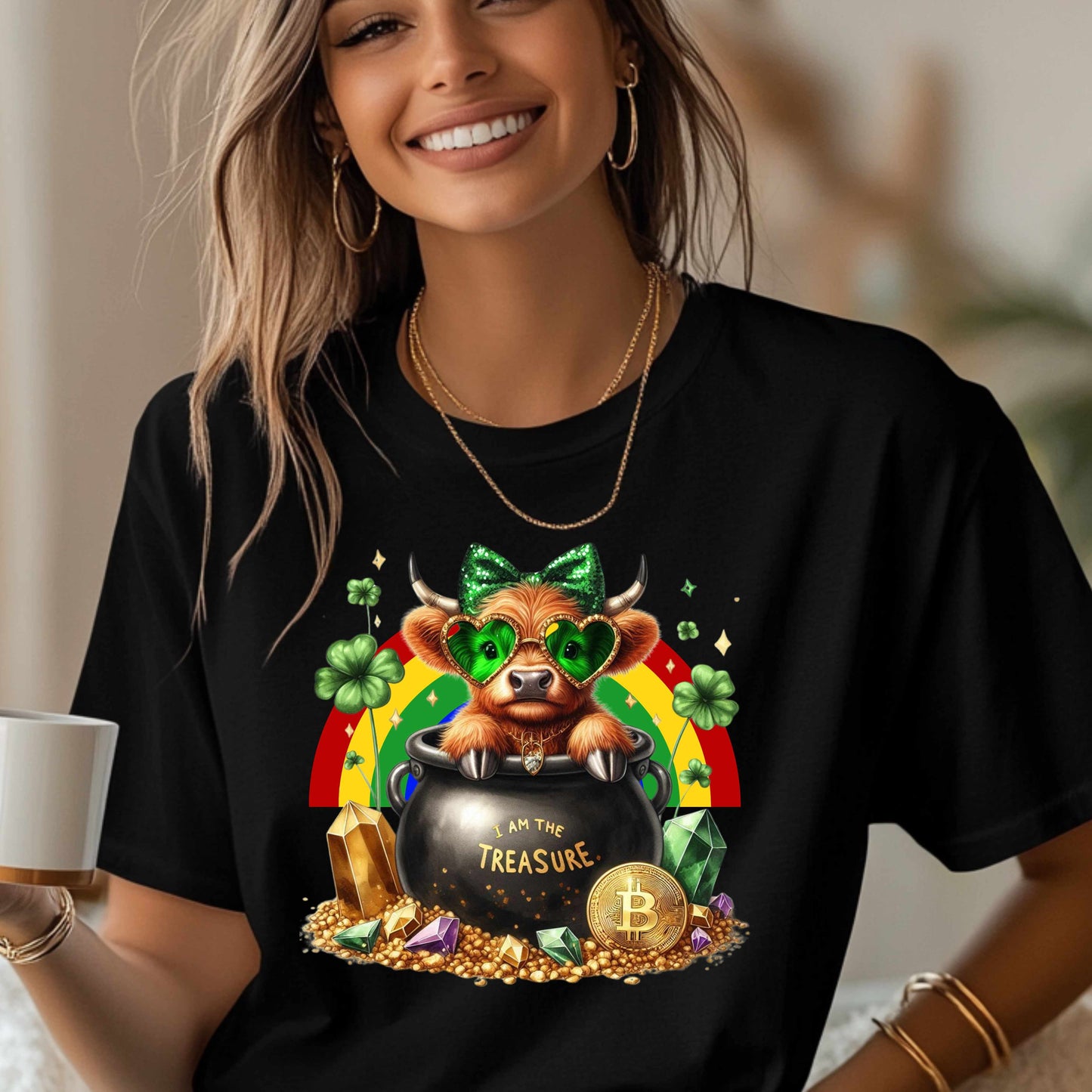 Lucky Rainbow Highland Cow St Patrick's T-Shirt