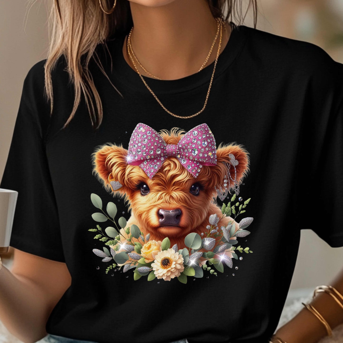 Cute Highland Cow With Blinged Couquette Bow T-Shirt