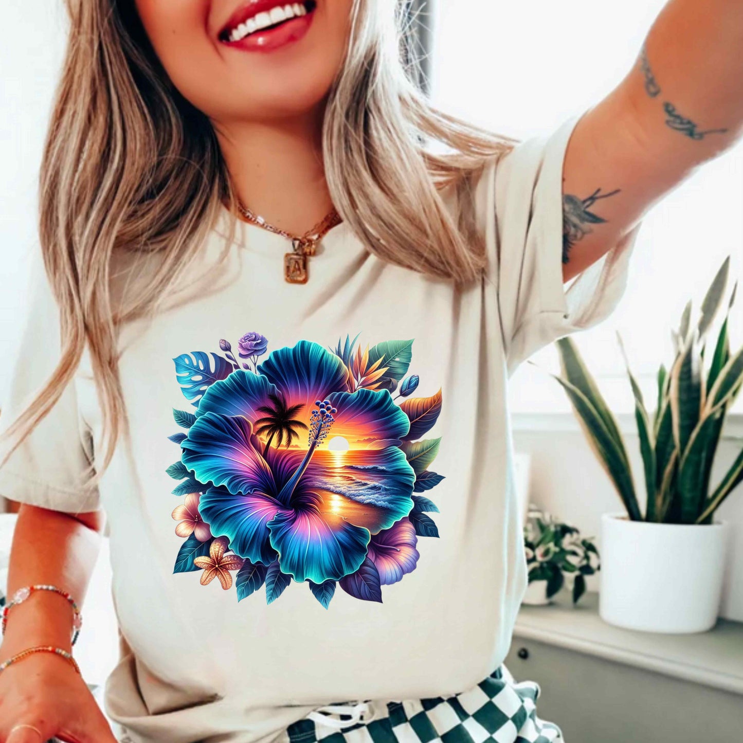 Summer Vacation Vibes Hibiscus Beach Sunset T-Shirt