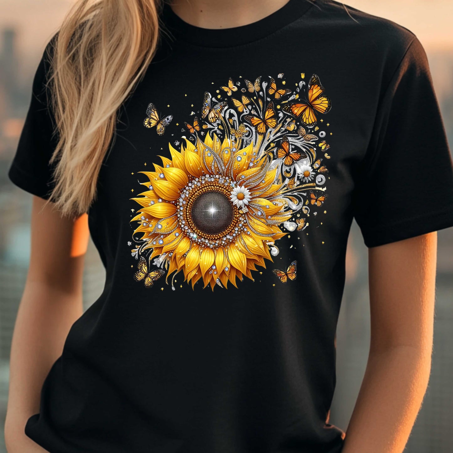 Bling Sunflower Butterfly Swirl T-Shirt