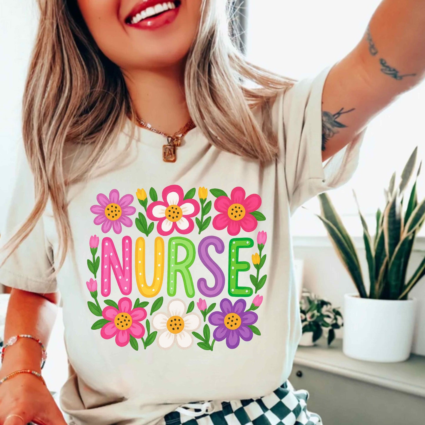 Nurse Multicolred Hand Drawn Flower T-Shirt