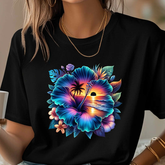Summer Vacation Vibes Hibiscus Beach Sunset T-Shirt
