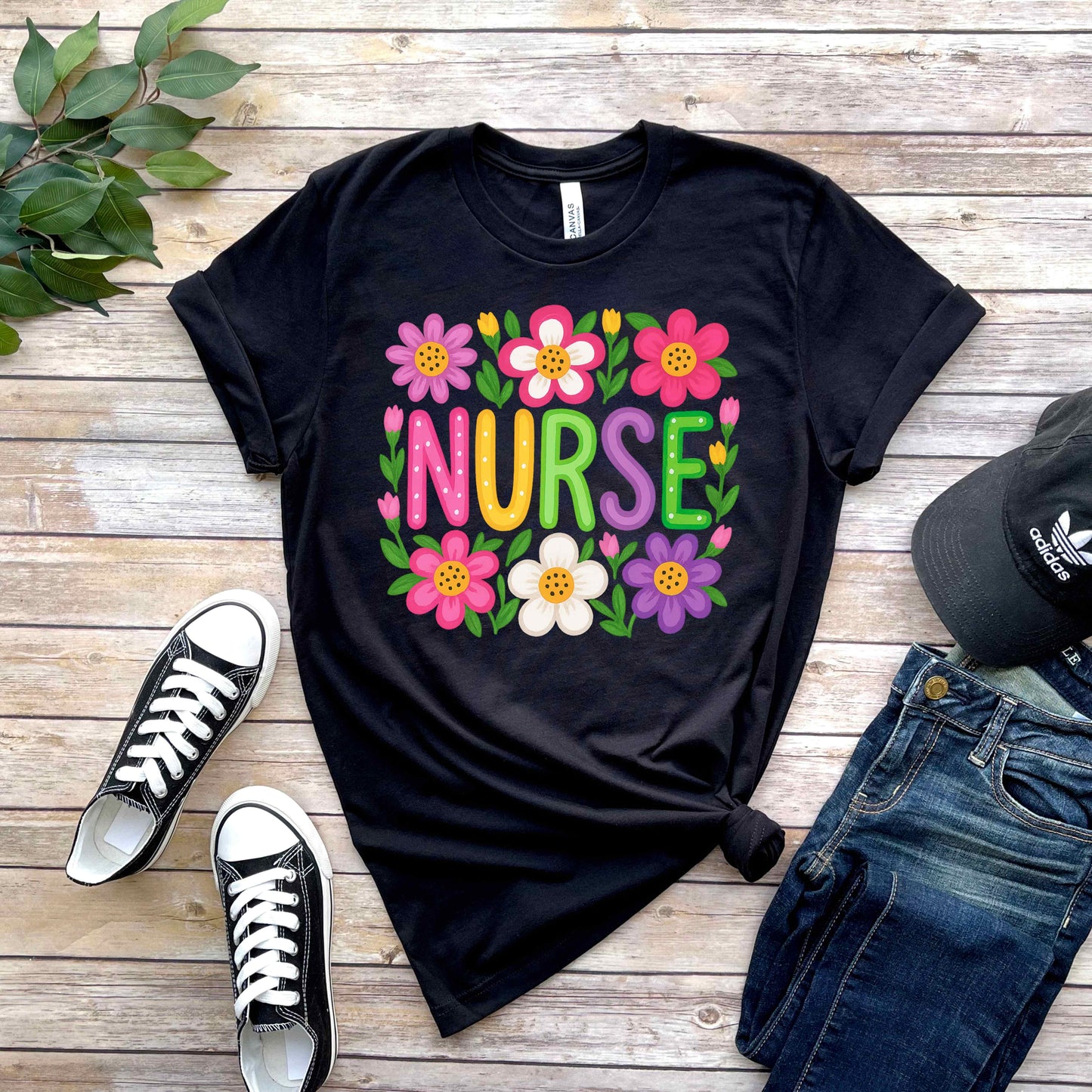 Nurse Multicolred Hand Drawn Flower T-Shirt