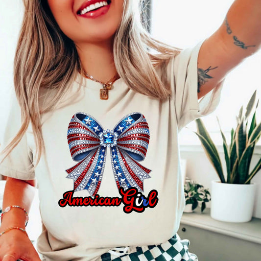Blinged Red, White and Blue Couquette Bow T-Shirt
