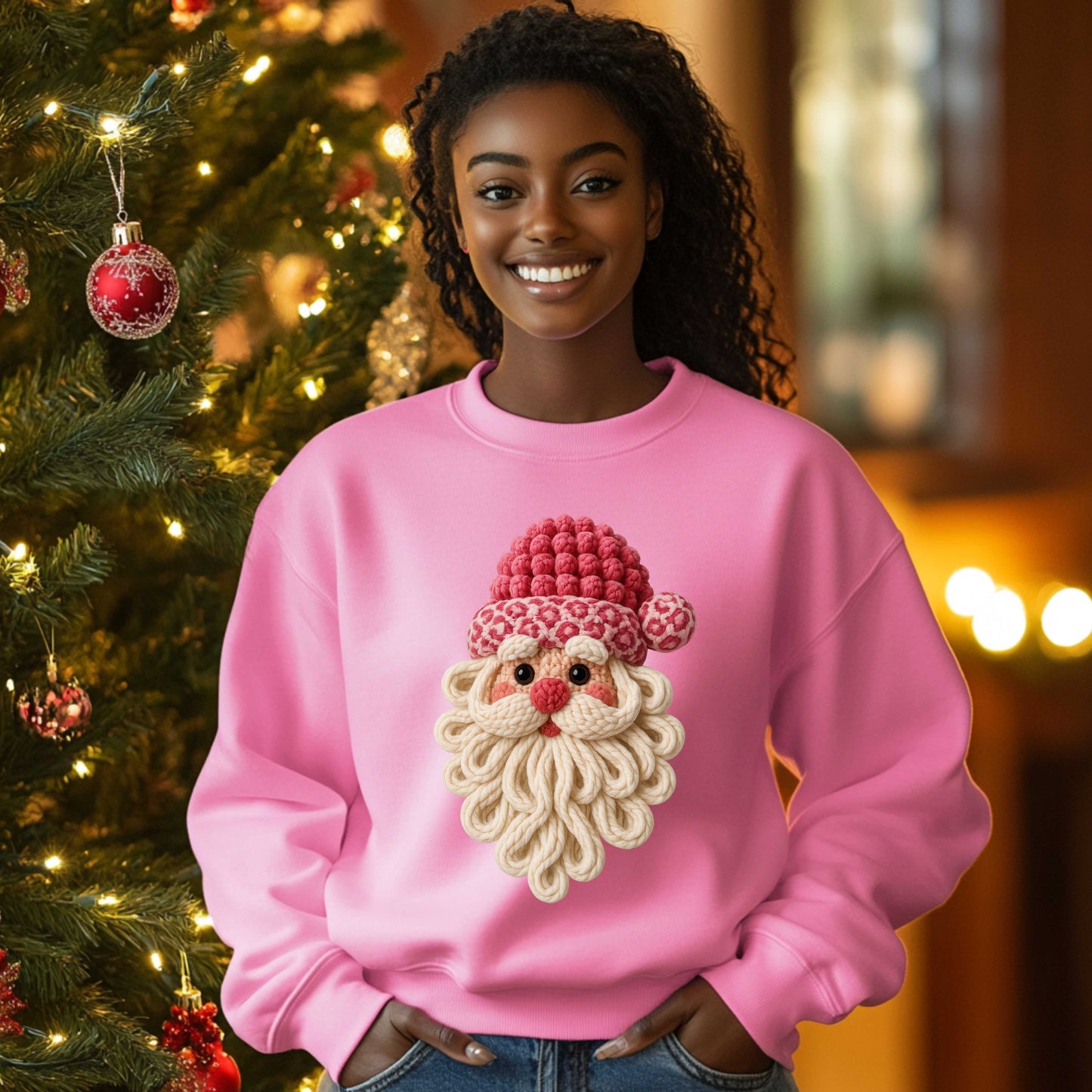 Faux Crochet Pink Leopard Santa Crewneck Pullover Sweatshirt