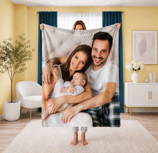 Girl holding a personalized photo blanker