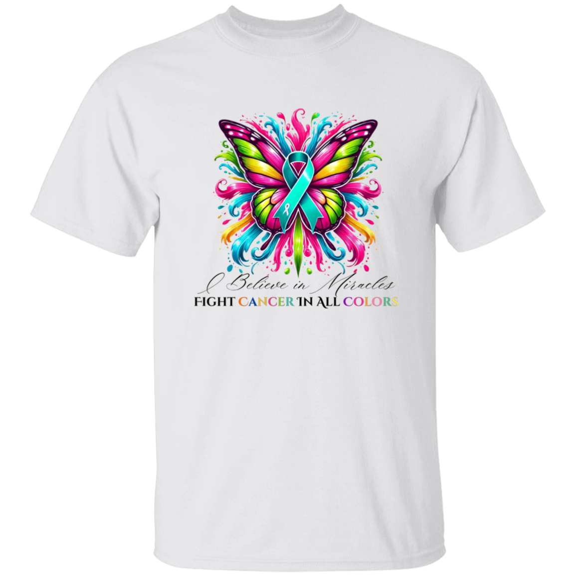 Teal Ovarian Cancer Colorful Butterfly T-Shirt