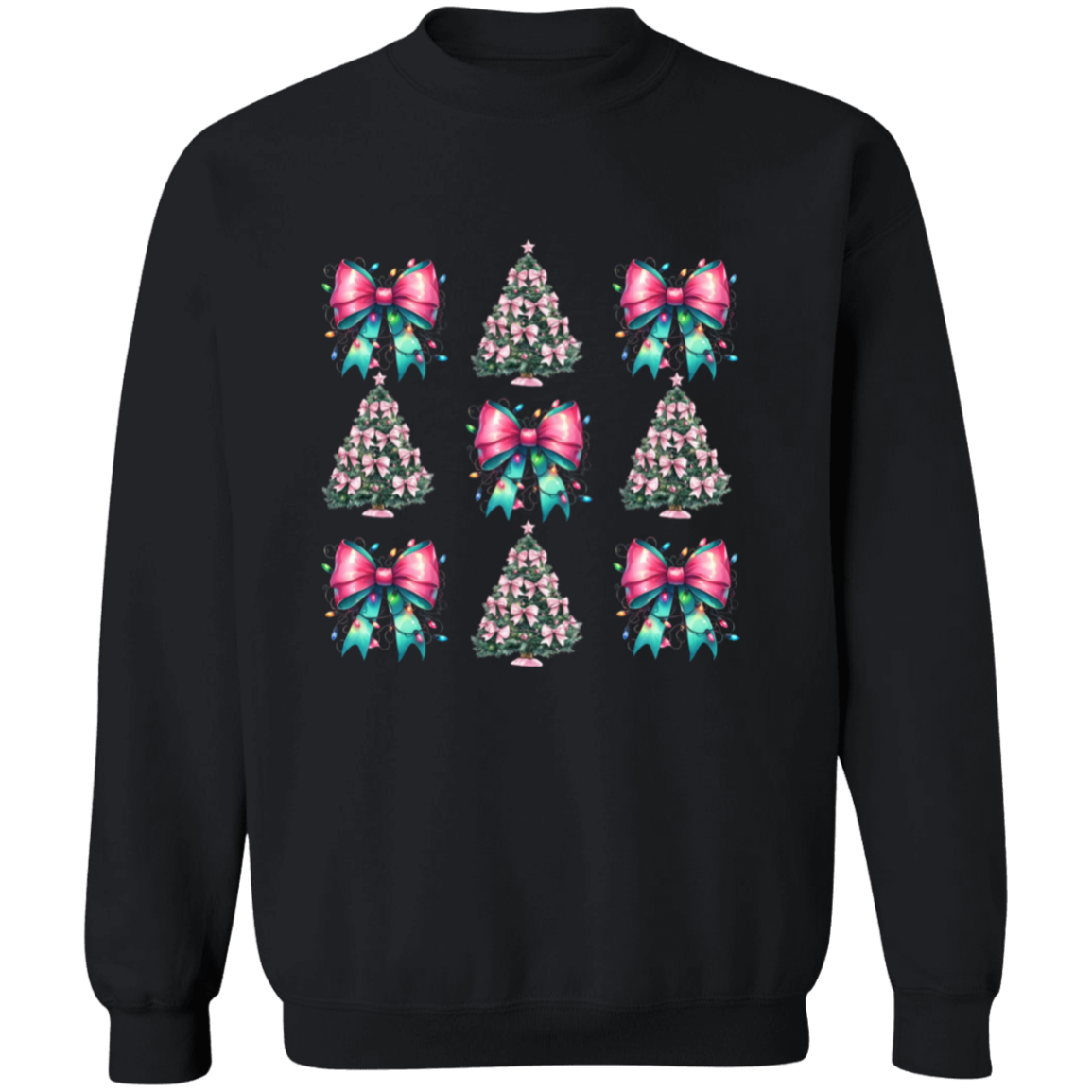 Pink and Teal Coquette Bow Christmas Tree Crewneck Pullover Sweatshirt