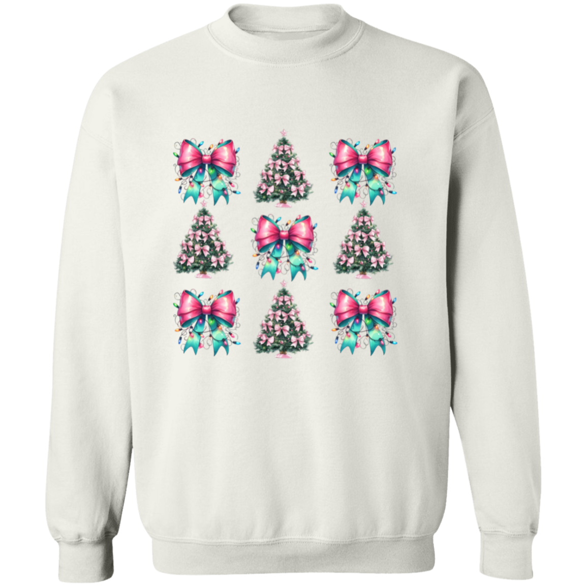 Pink and Teal Coquette Bow Christmas Tree Crewneck Pullover Sweatshirt