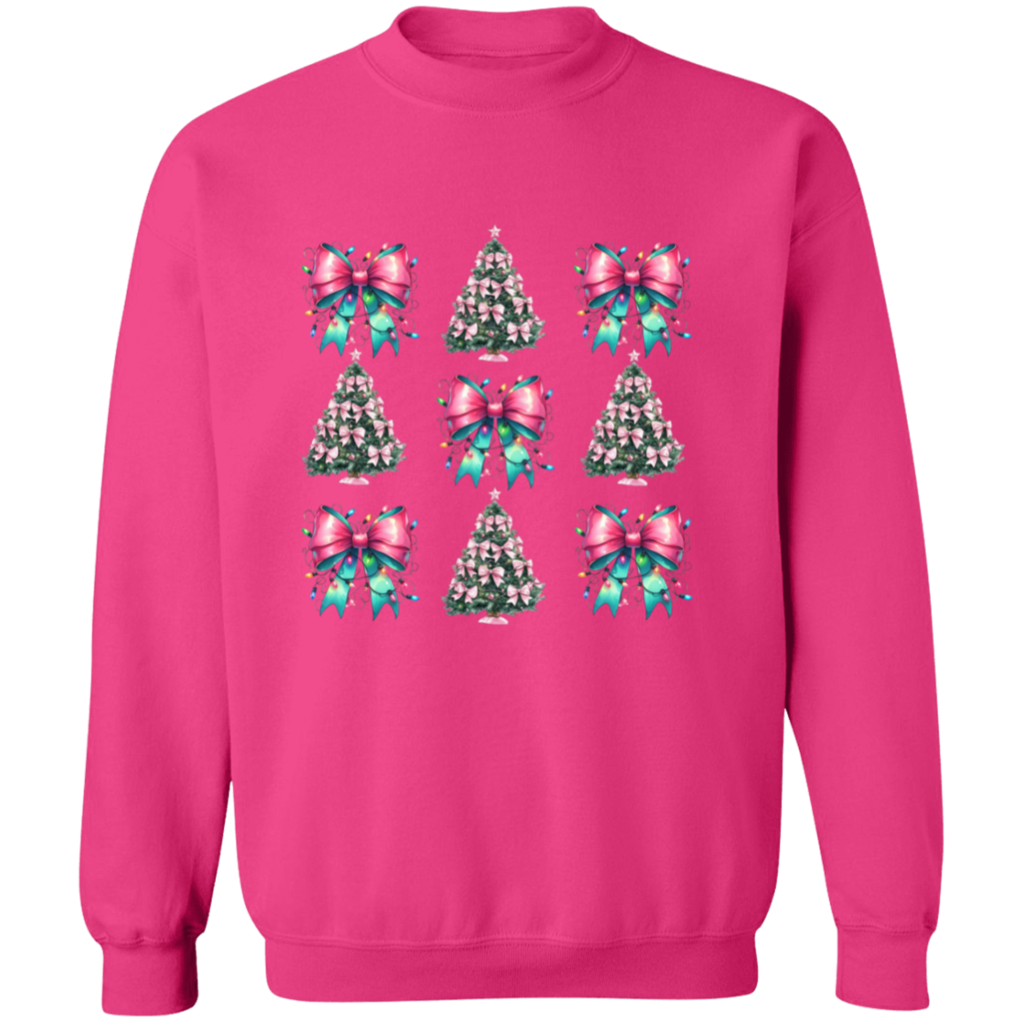 Pink and Teal Coquette Bow Christmas Tree Crewneck Pullover Sweatshirt