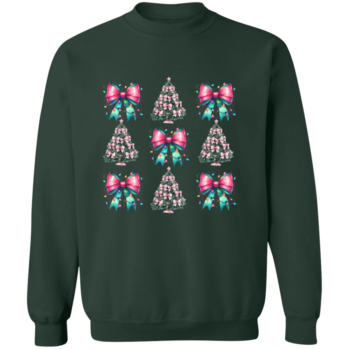 Pink and Teal Coquette Bow Christmas Tree Crewneck Pullover Sweatshirt