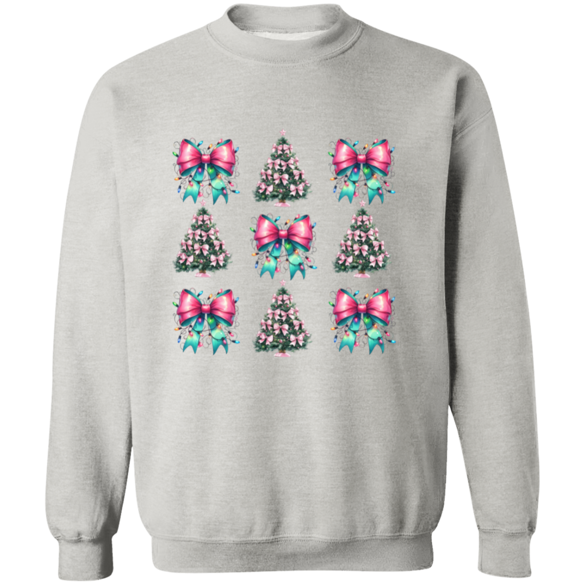 Pink and Teal Coquette Bow Christmas Tree Crewneck Pullover Sweatshirt