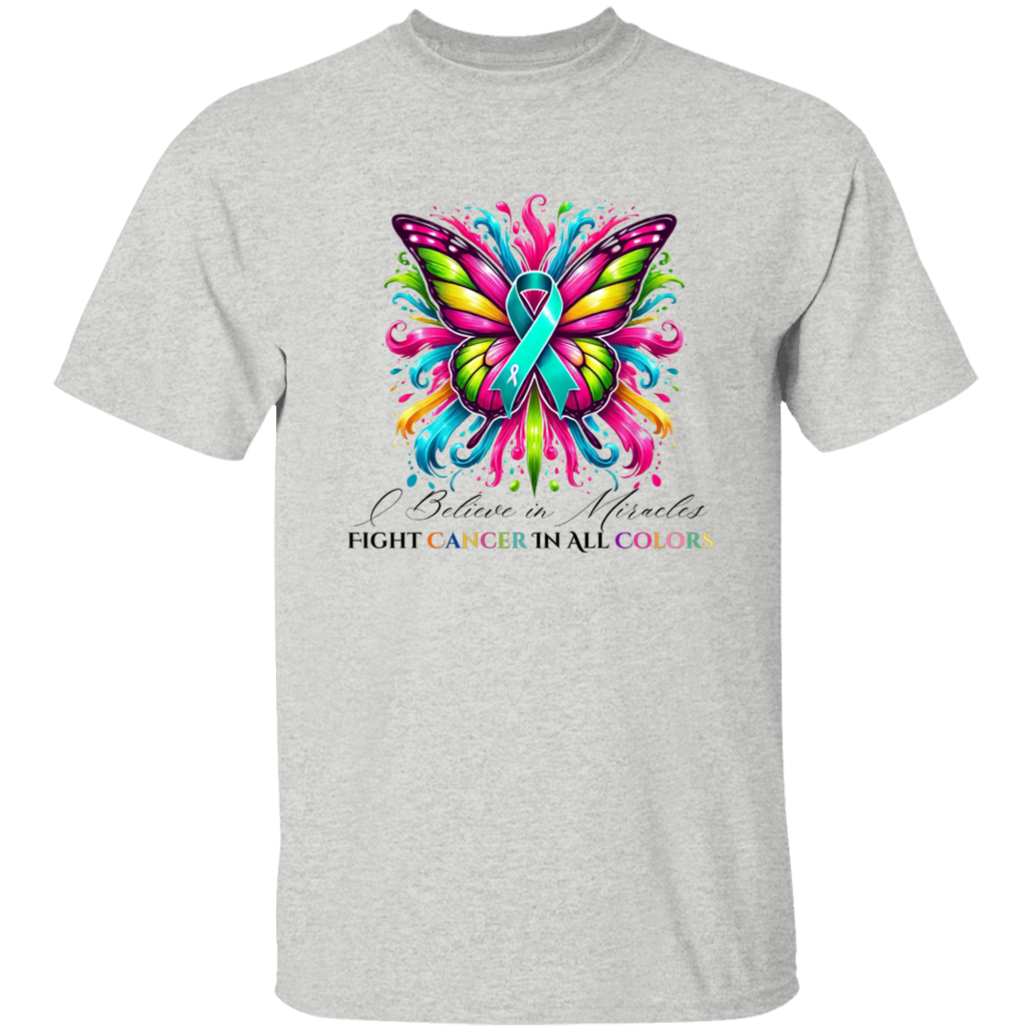 Teal Ovarian Cancer Colorful Butterfly T-Shirt