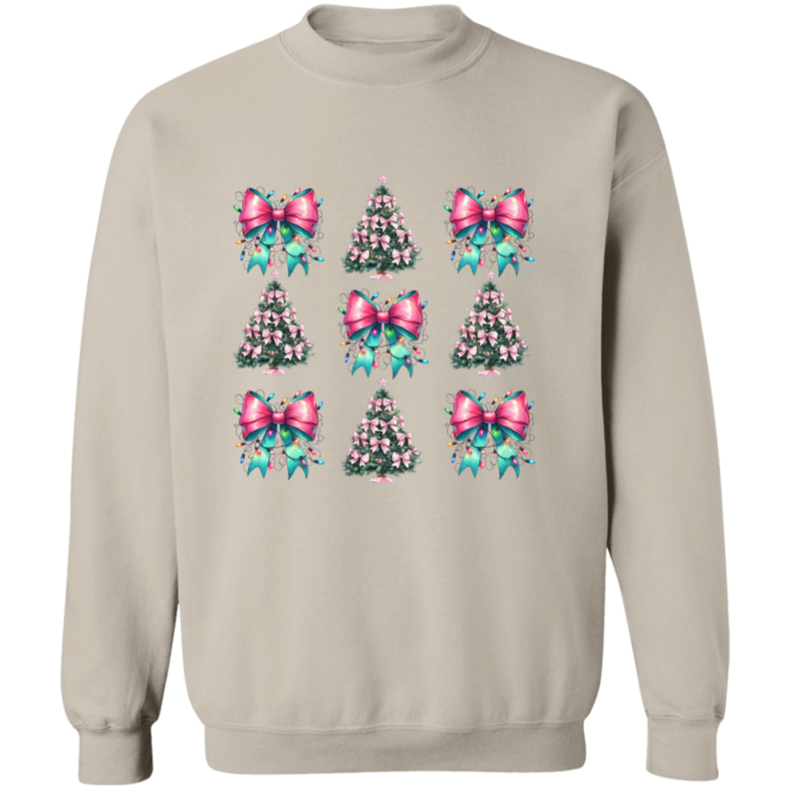 Pink and Teal Coquette Bow Christmas Tree Crewneck Pullover Sweatshirt