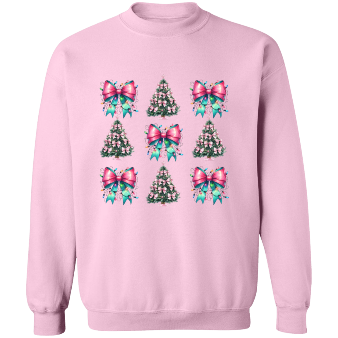 Pink and Teal Coquette Bow Christmas Tree Crewneck Pullover Sweatshirt