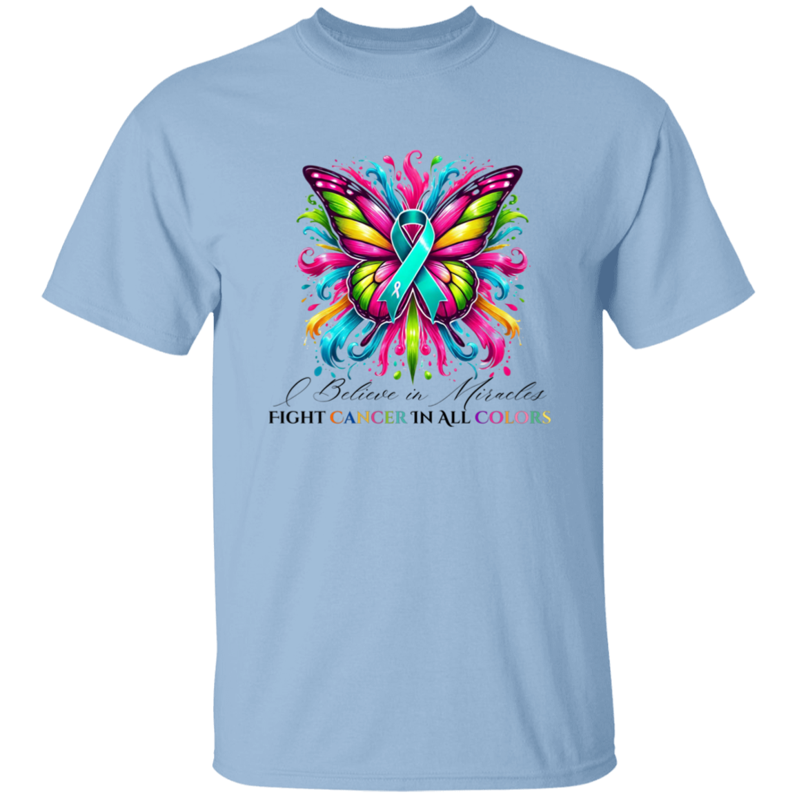 Teal Ovarian Cancer Colorful Butterfly T-Shirt