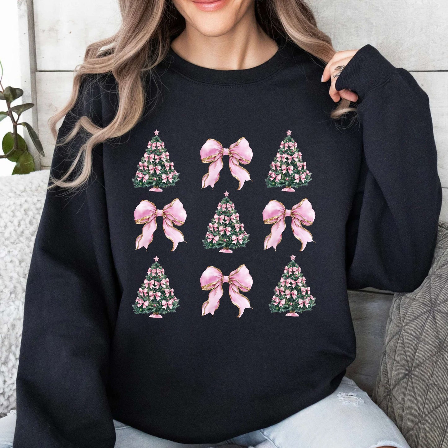 Pink Bow Christmas Tree Crewneck Pullover Sweatshirt
