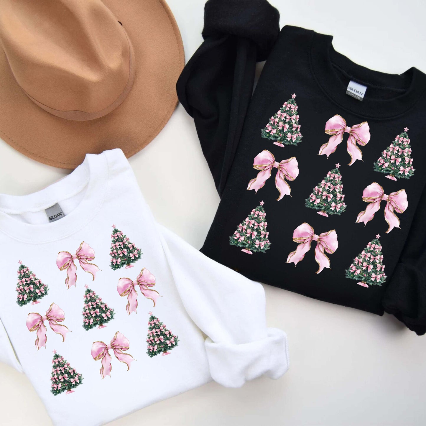 Pink Bow Christmas Tree Crewneck Pullover Sweatshirt