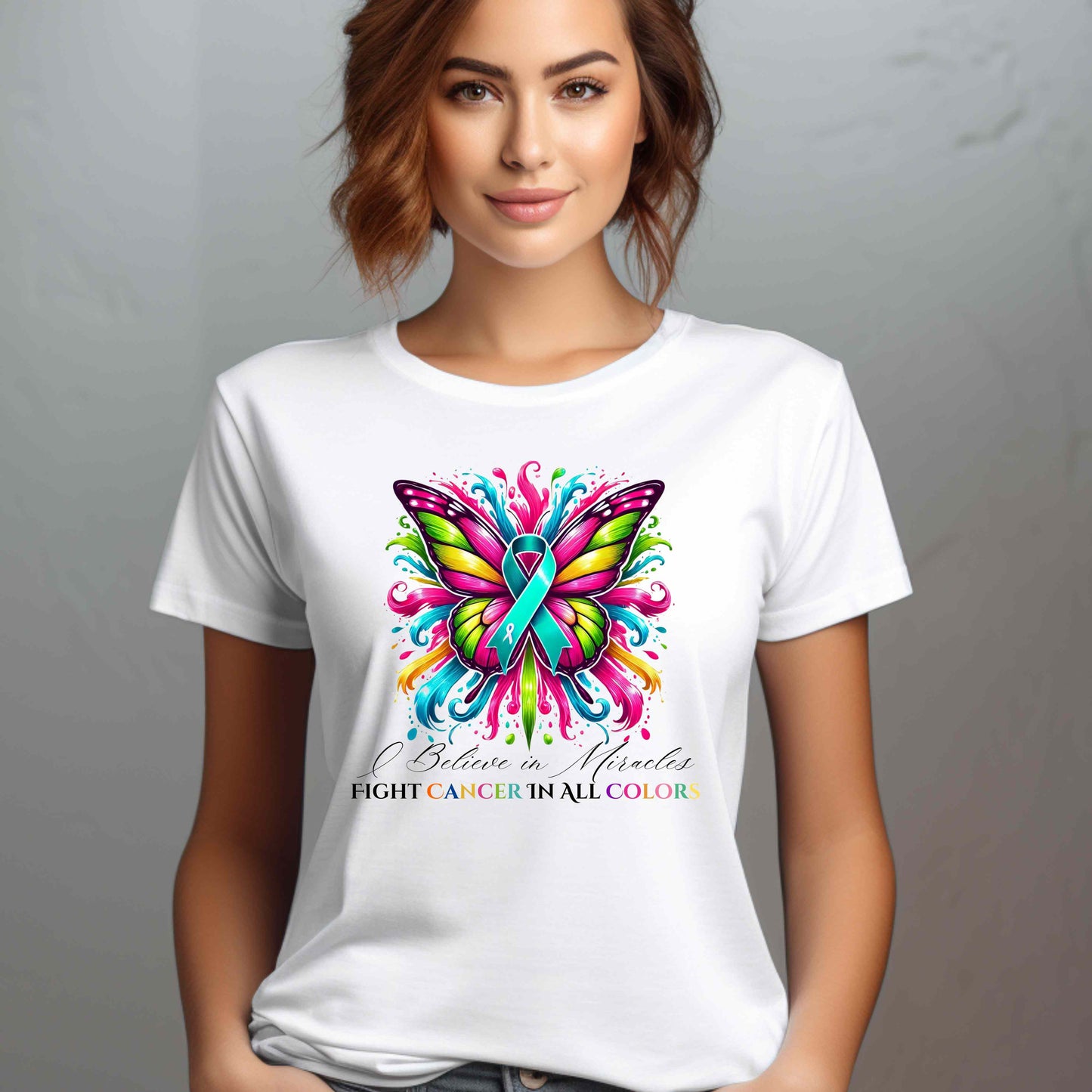 Teal Ovarian Cancer Colorful Butterfly T-Shirt
