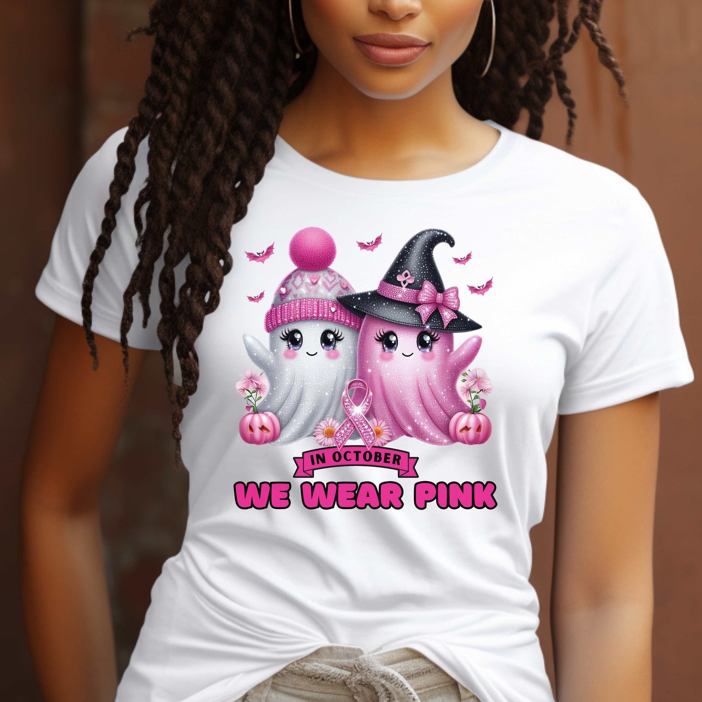 Pink and White Bling Breast Cancer Awareness Ghost T-Shirt
