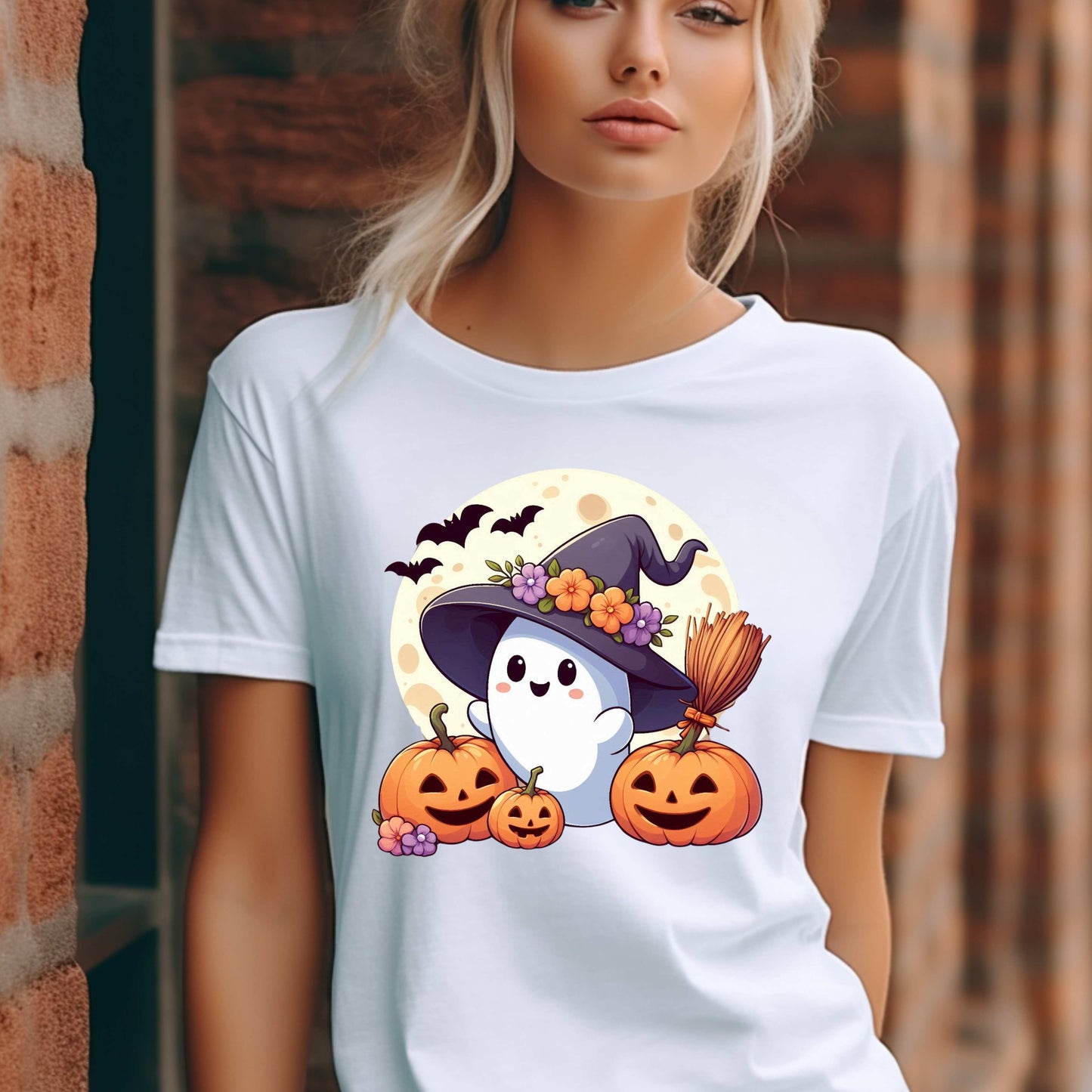 Cute Moon Ghost Pumpkin Halloween T-Shirt