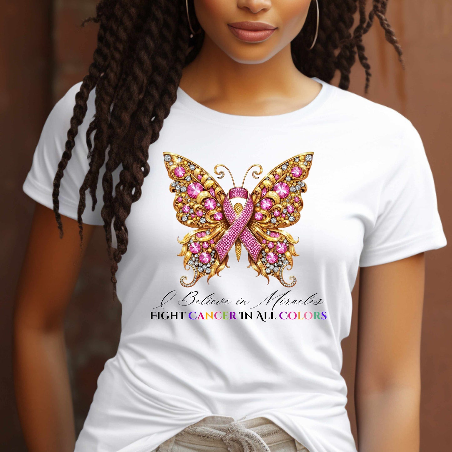 Gold Bling Breast Cancer Awareness Butterfly T-Shirt