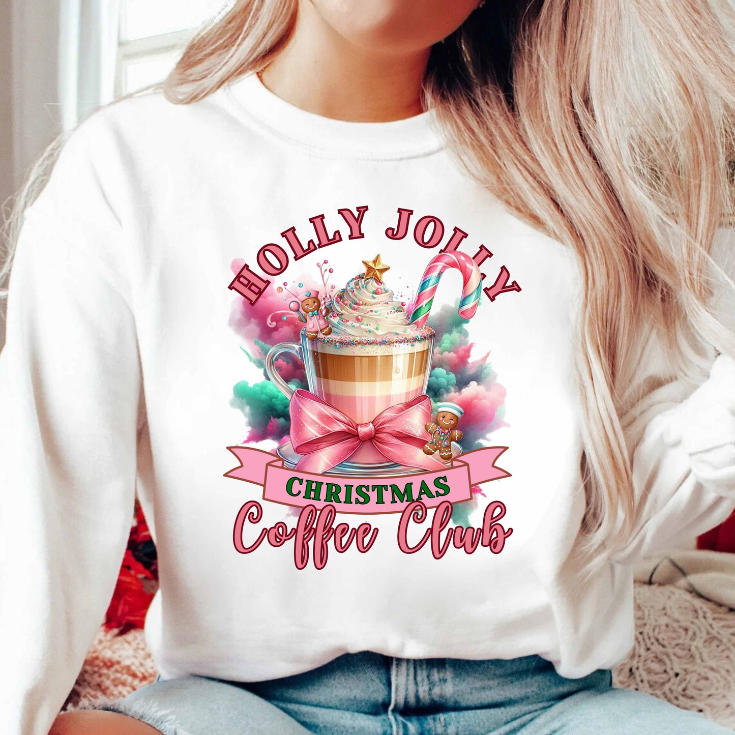 Pink Holly Jolly Nurse Coffee Christmas Crewneck Pullover Sweatshirt