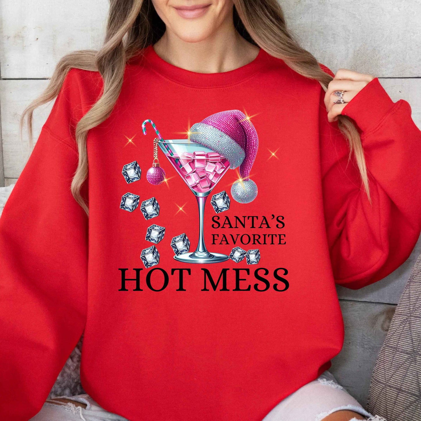 Pink Christmas Cocktail Crewneck Pullover Sweatshirt