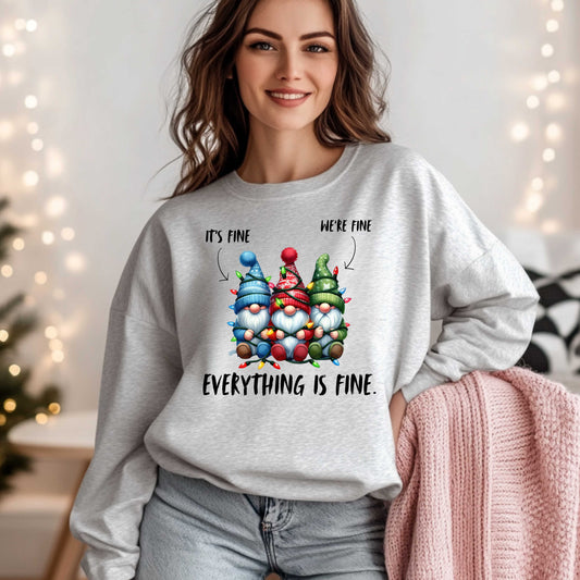 Gnomes Everything Is Fine Funny Christmas Crewneck Pullover Sweatshirt