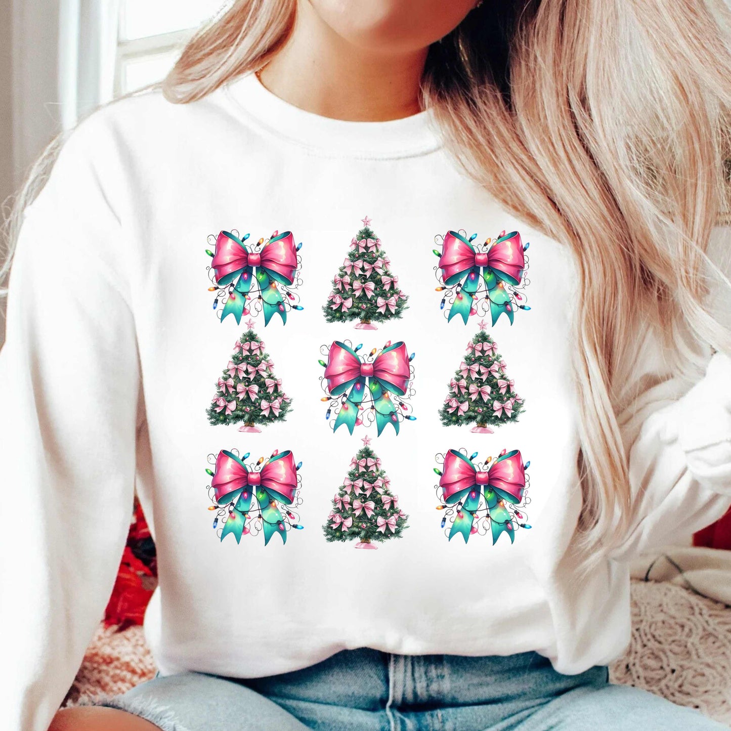 Pink and Teal Coquette Bow Christmas Tree Crewneck Pullover Sweatshirt