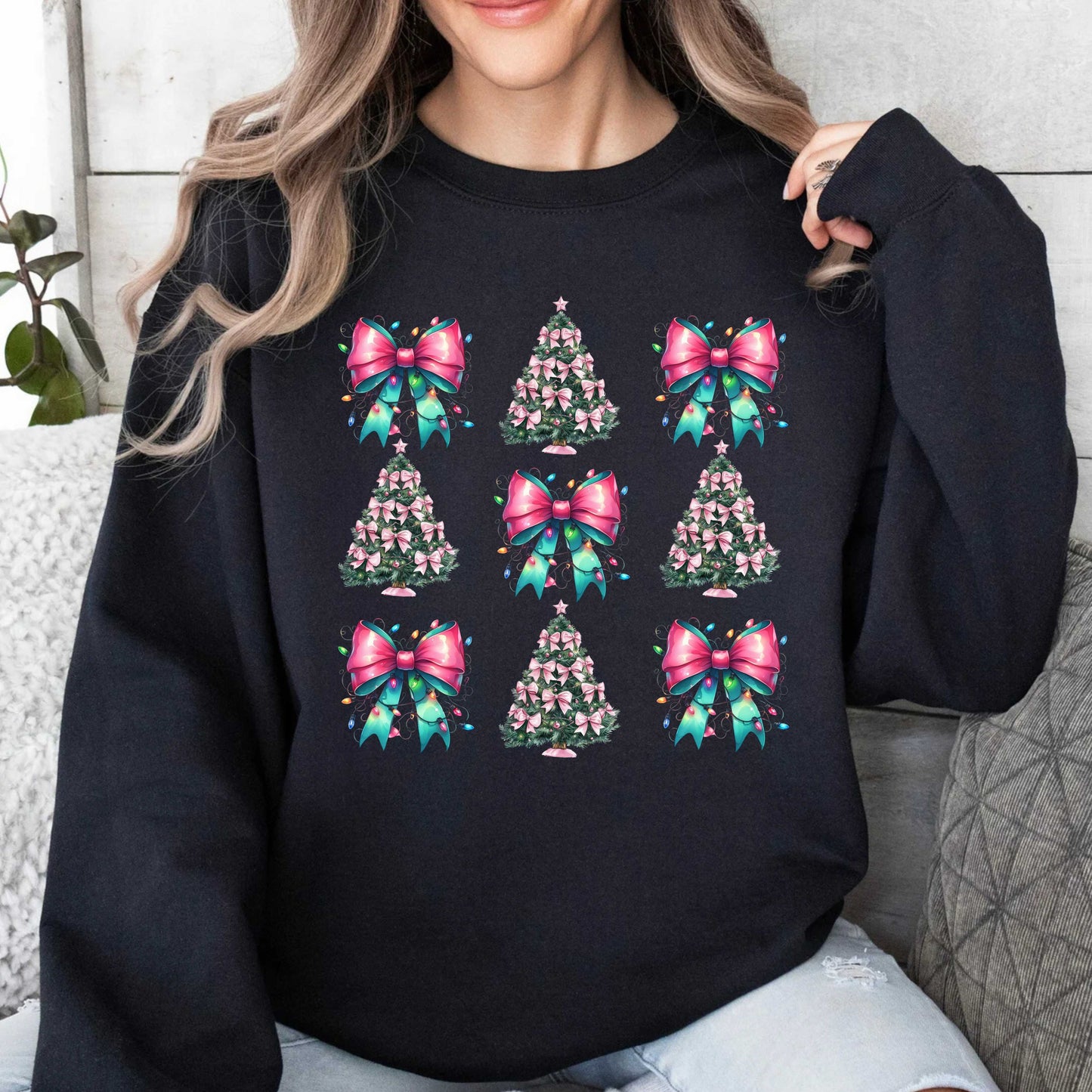 Pink and Teal Coquette Bow Christmas Tree Crewneck Pullover Sweatshirt