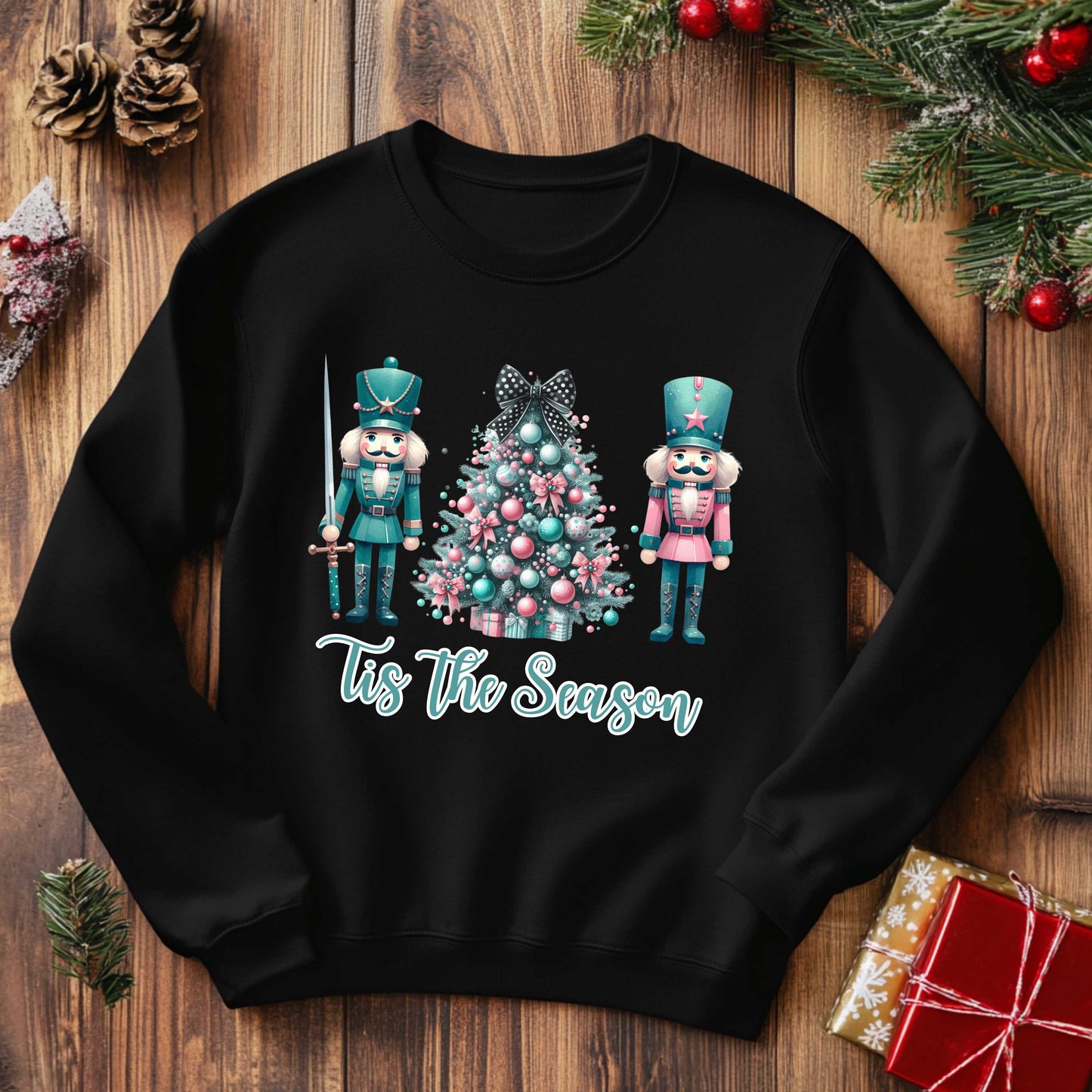 Christmas Pink and Teal Nutcracker Inspired Crewneck Pullover Sweatshirt