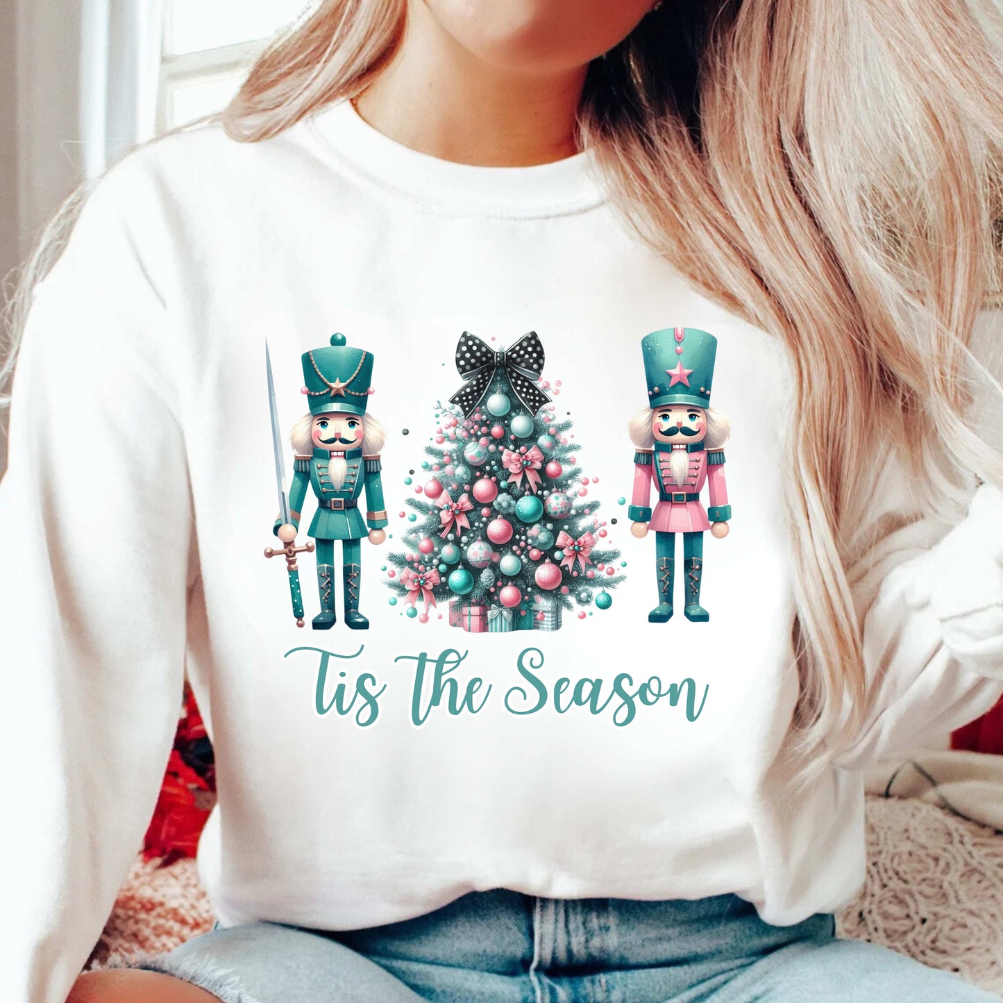 Christmas Pink and Teal Nutcracker Inspired Crewneck Pullover Sweatshirt