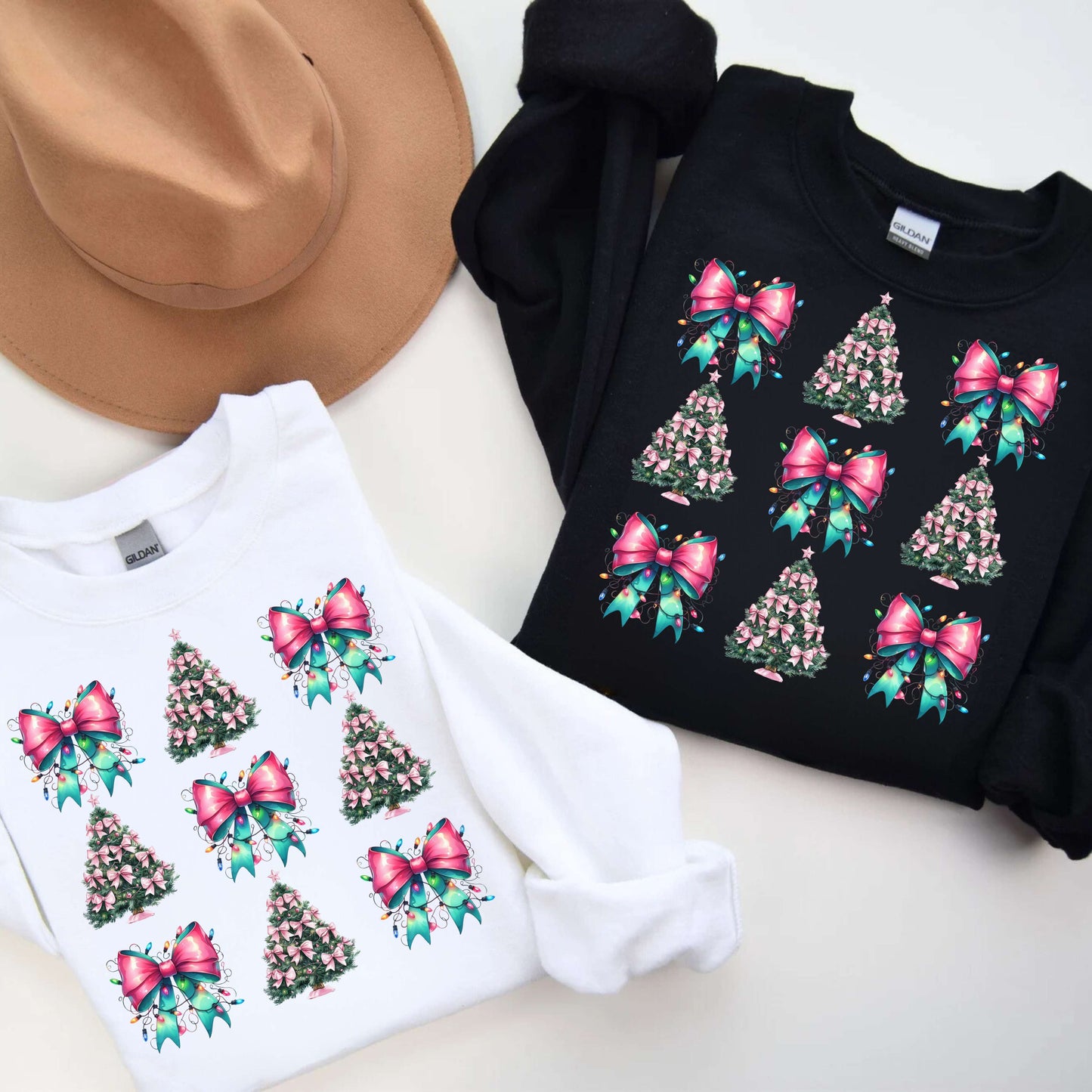 Pink and Teal Coquette Bow Christmas Tree Crewneck Pullover Sweatshirt