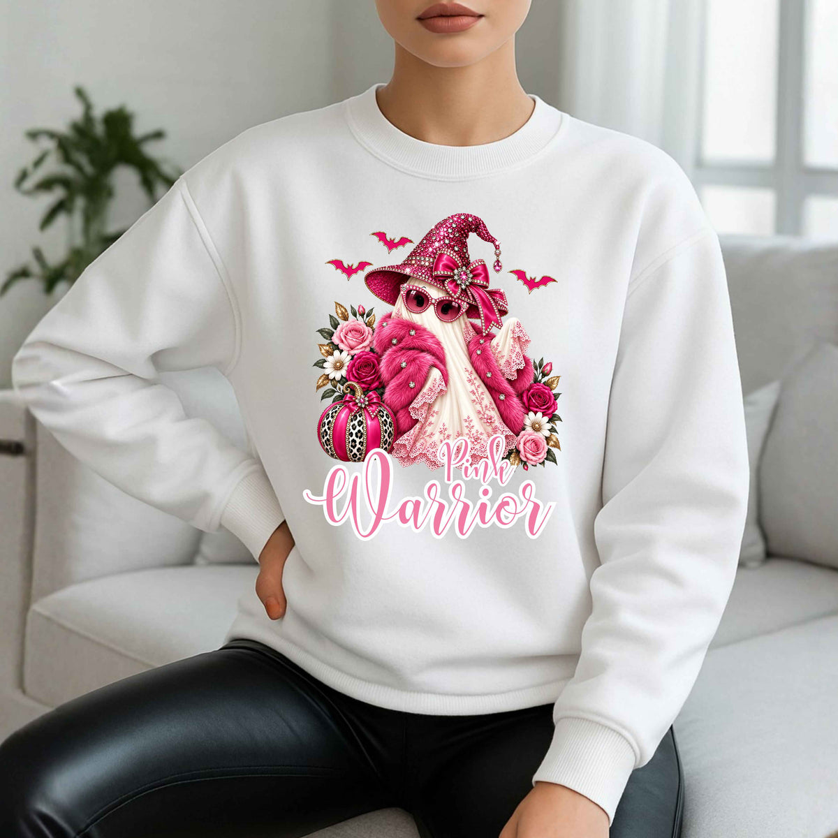 Pink Lace Breast Cancer Awareness Ghost Crewneck Pullover Sweatshirt