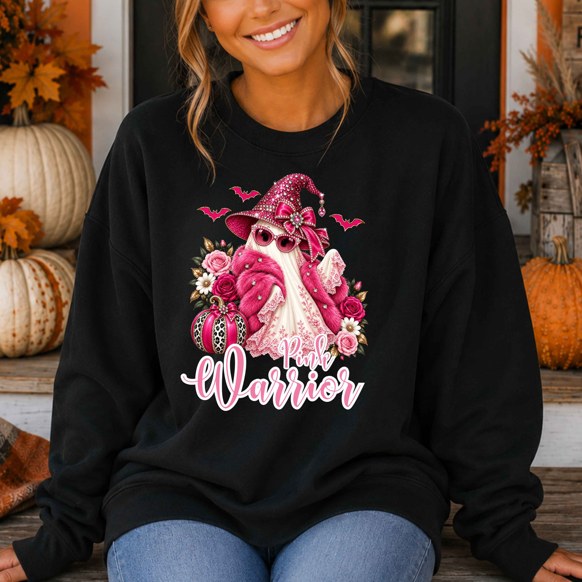 Pink Lace Breast Cancer Awareness Ghost Crewneck Pullover Sweatshirt
