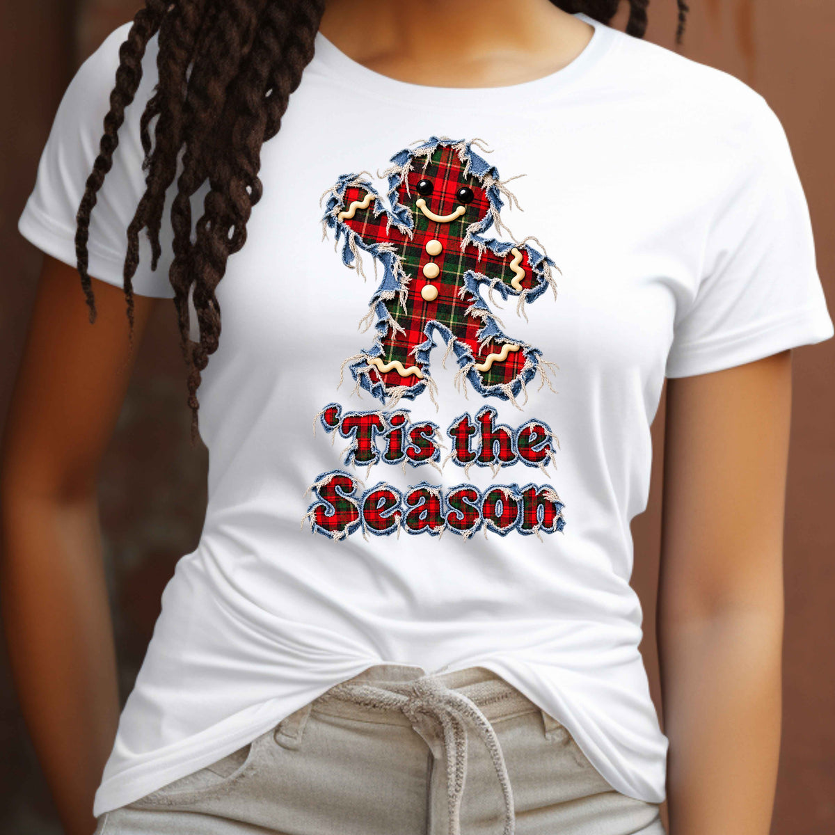 Faux Ripped Jean Gingerbread Christmas T-Shirt