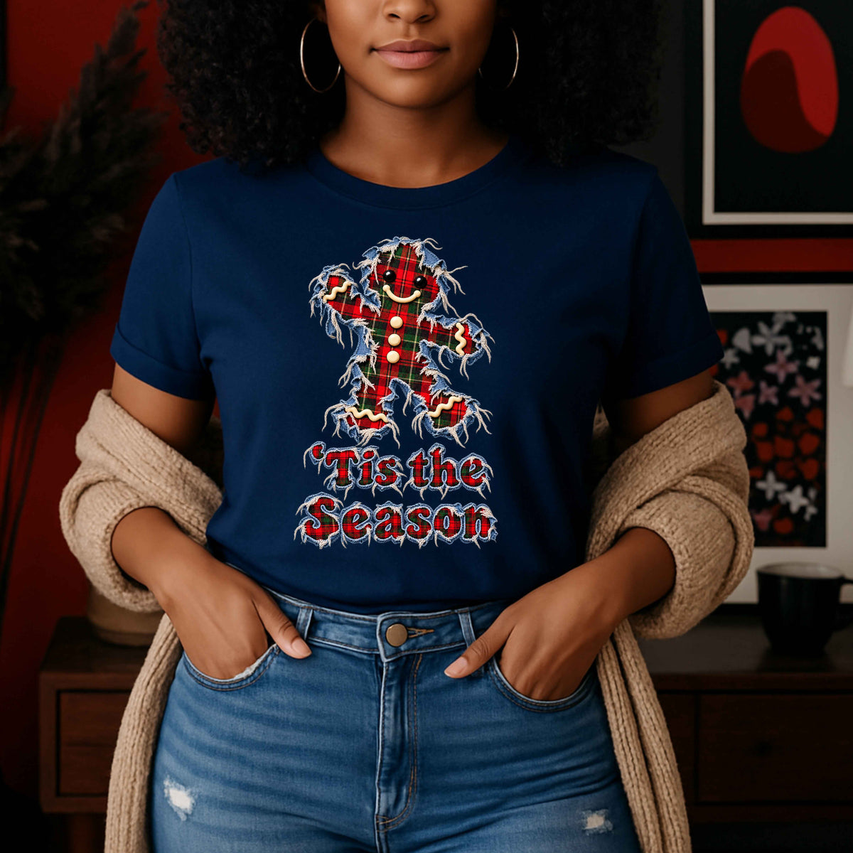 Faux Ripped Jean Gingerbread Christmas T-Shirt