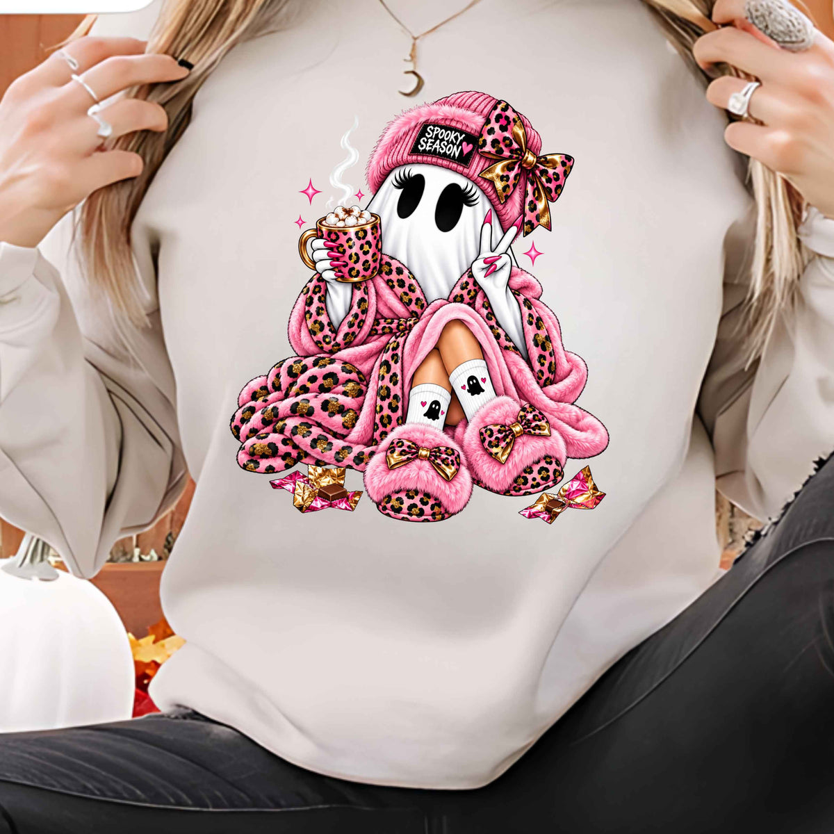 Cozy CoCoa Pink Ghost Pullover Sweatshirt