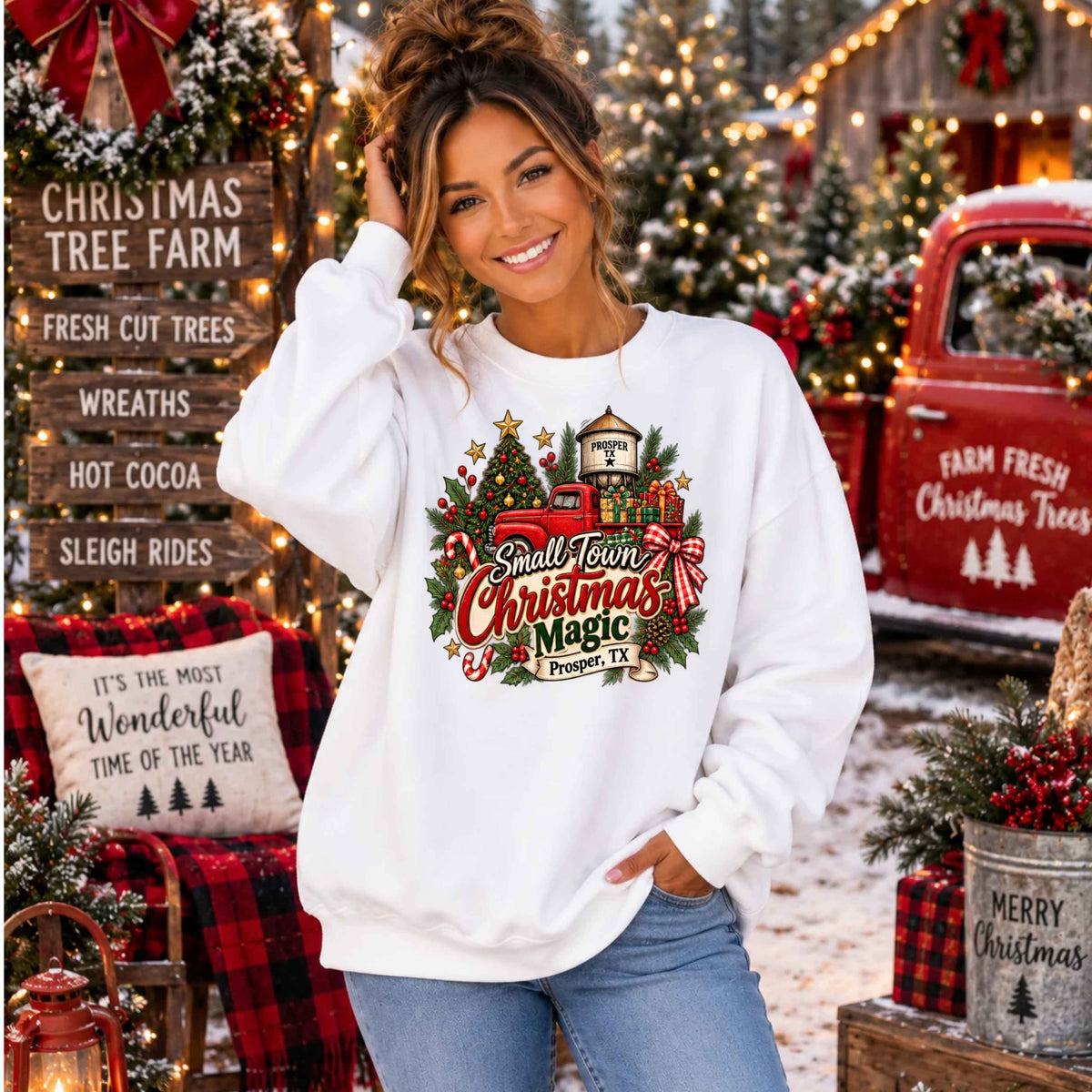 Small Town Customizable Christmas Crewneck Pullover Sweatshirt