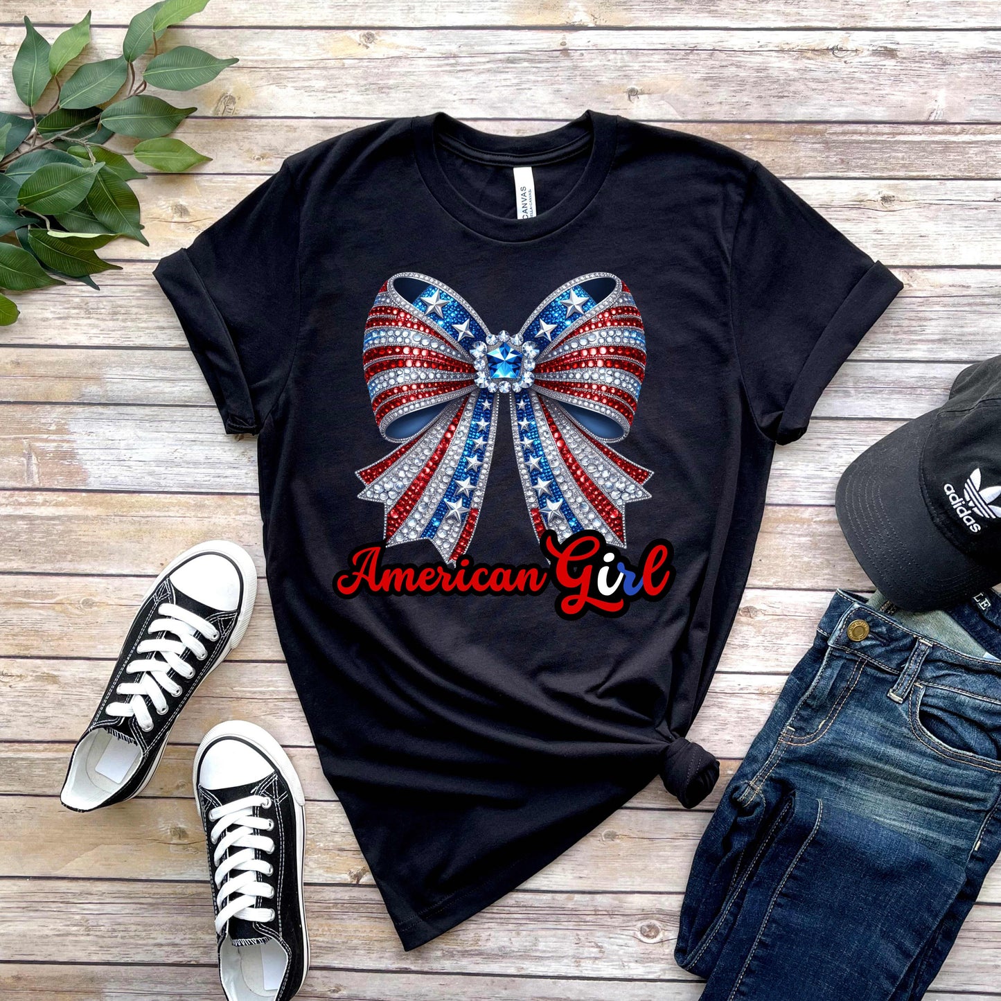 Blinged Red, White and Blue Couquette Bow T-Shirt