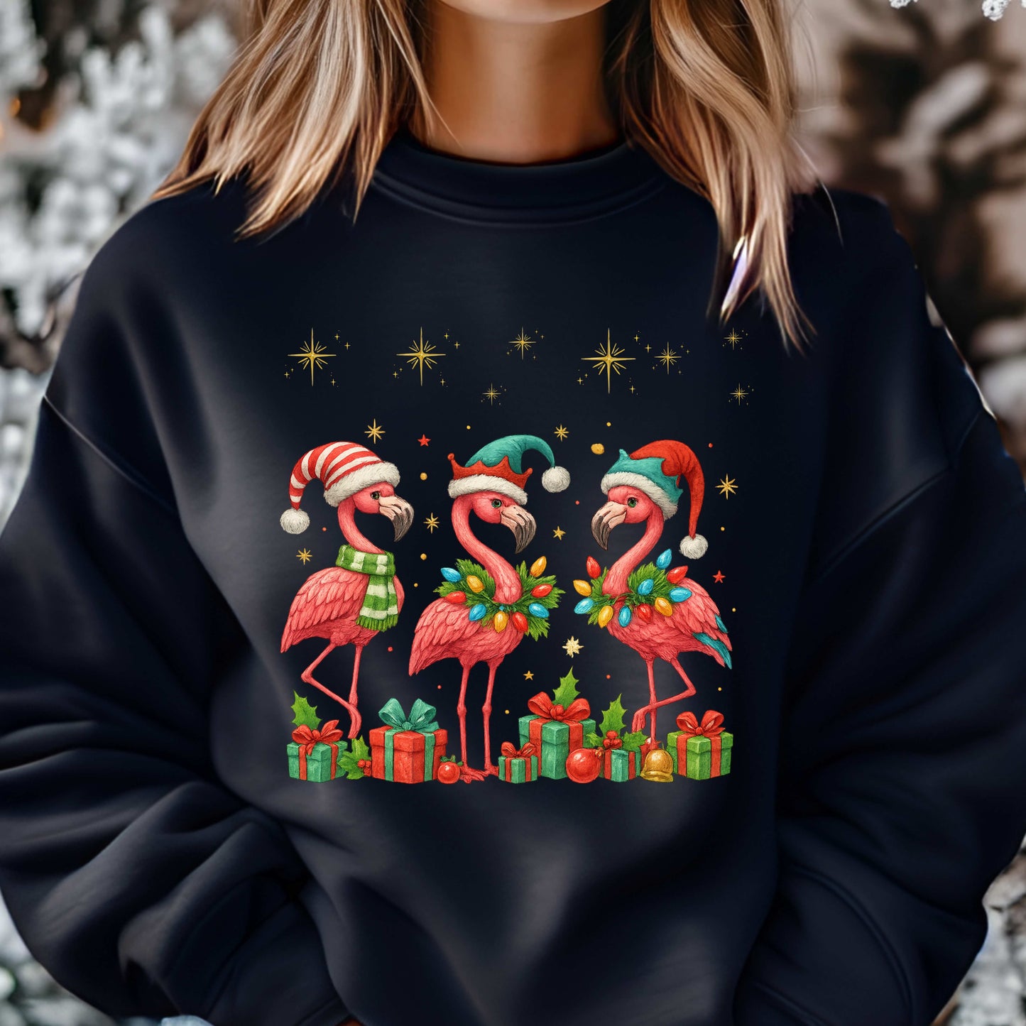 Pink Christmas Flamingos  Crewneck Pullover Sweatshirt