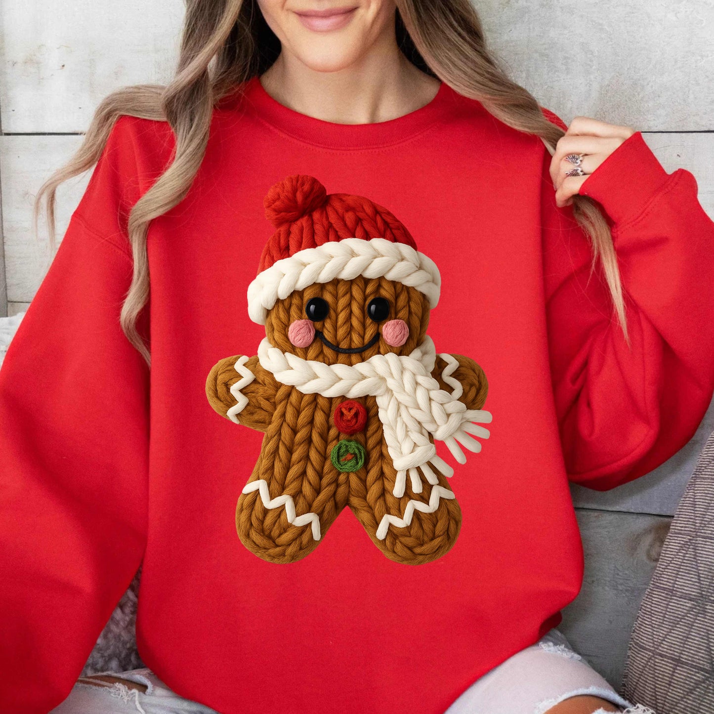 Faux Crochet Gingerbread Man Crewneck Pullover Sweatshirt