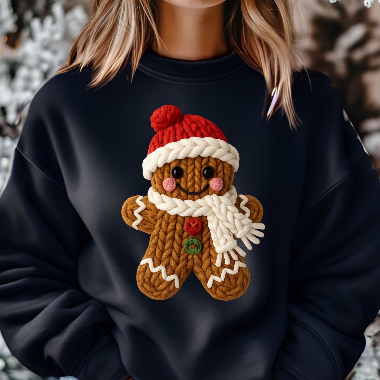 Faux Crochet Gingerbread Man Crewneck Pullover Sweatshirt
