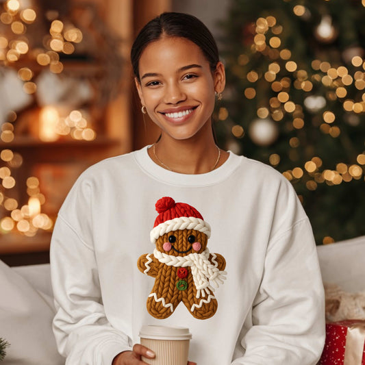 Faux Crochet Gingerbread Man Crewneck Pullover Sweatshirt