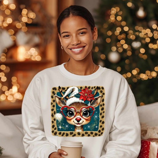 Happy Christmas Reindeer Leopard Print Style  Crewneck Pullover Sweatshirt